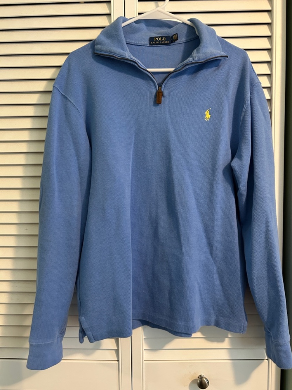 Ralph Lauren Pale Blue Quarter-Zip Sweater with yellow logo leather zip